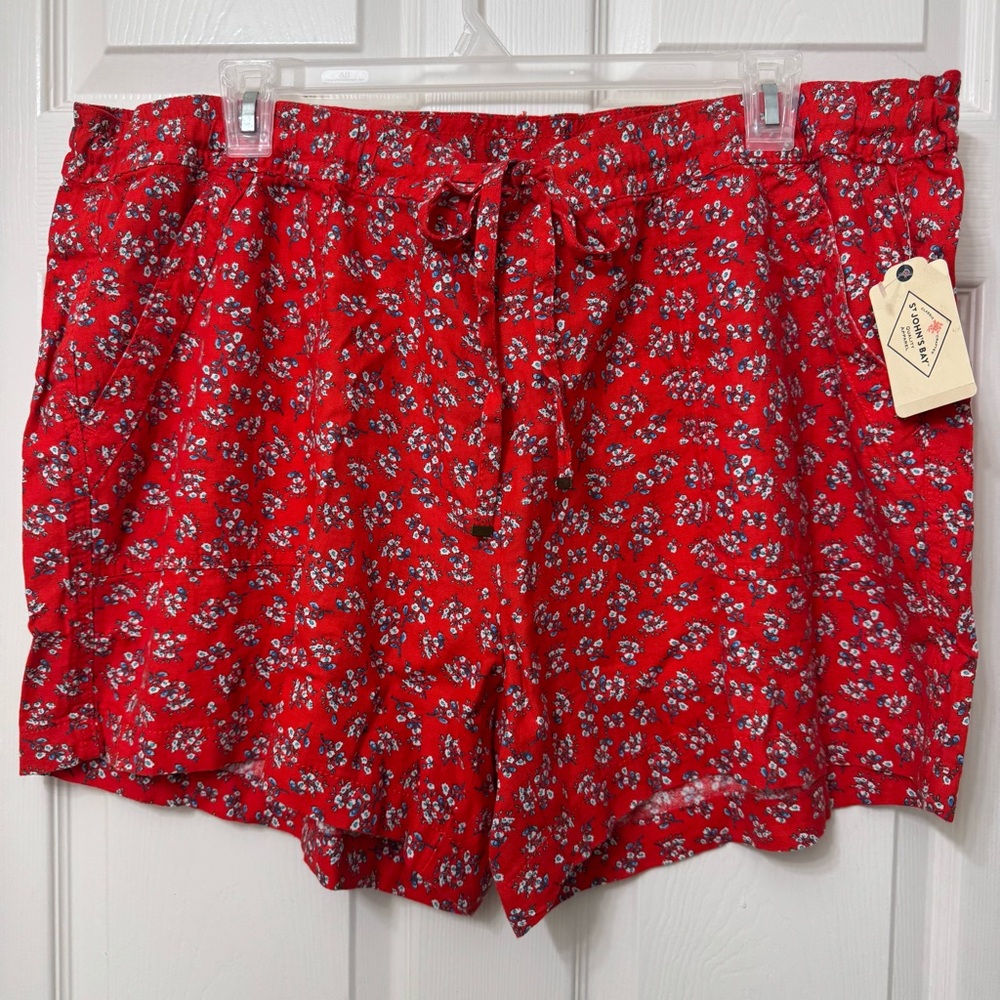 St.John’s Bay Soft Shorts PlusSize 2X Orange Floral Print Drawstring Linen Blend